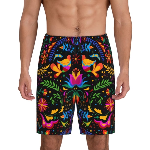 Balery Mexican Flower Traditional1 Pantalones cortos de pijama de punto de algodón para hombre con cinturilla y bolsillos-Small