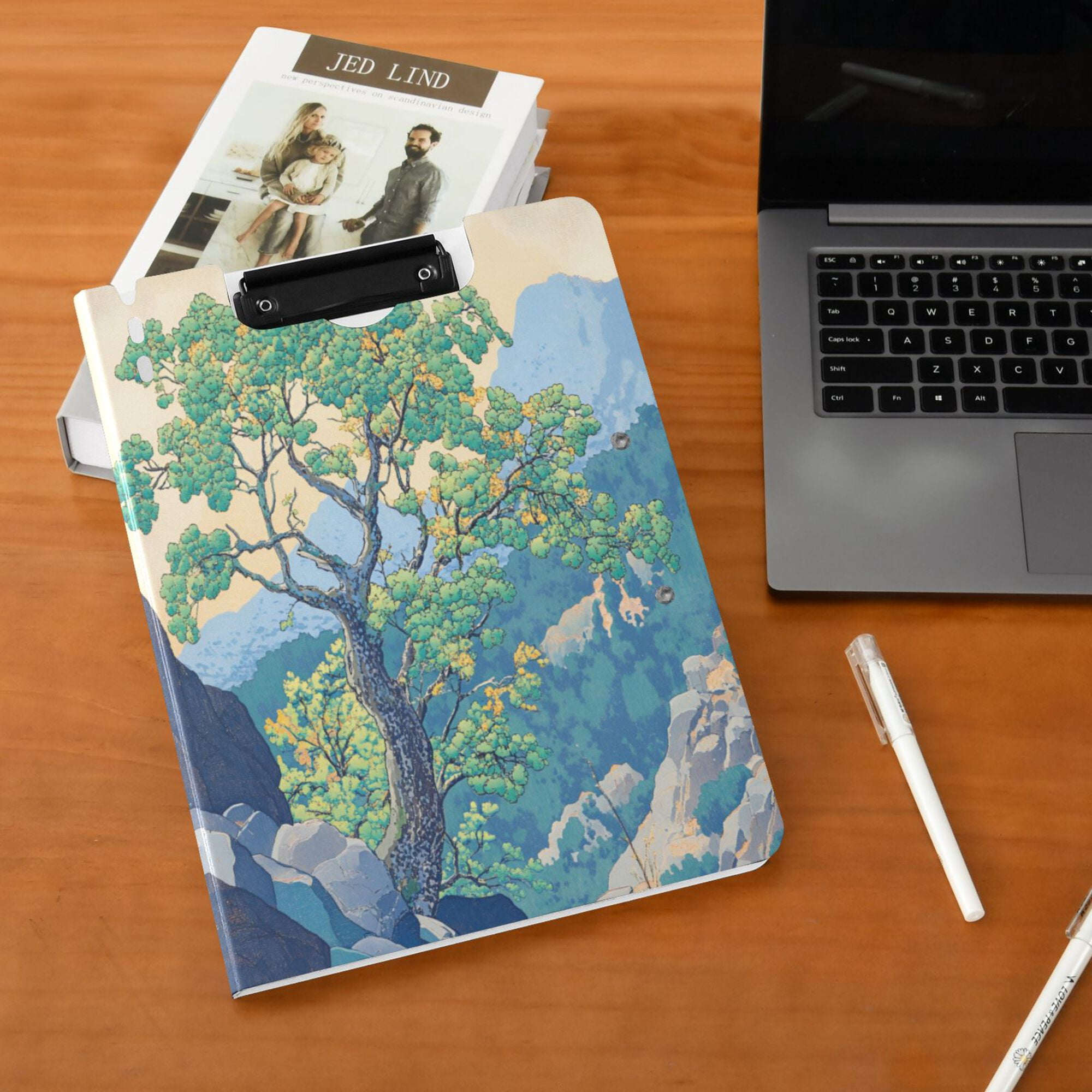FORMRS A4 Clipboard Folder with Pen Holder Horizontal Foldable School Office Binder, Beige Tree