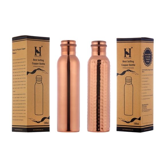 Set of Plain and Hammered Copper Water Bottle, 1000 Ml (33.81 Fl Oz) UNLINED, UNCOATED and LACQURED-FREE for Ayurveda Health Benefits