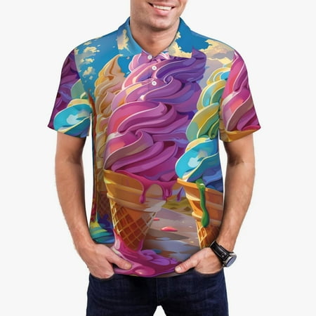 Zeuib Rainbow Melting Ice Cream Print Men s Athletic Fit Golf Polo Shirt Performance Golf Shirt for Men Button Down Golf Shirts Fashion Polo Shirt-XX-Large