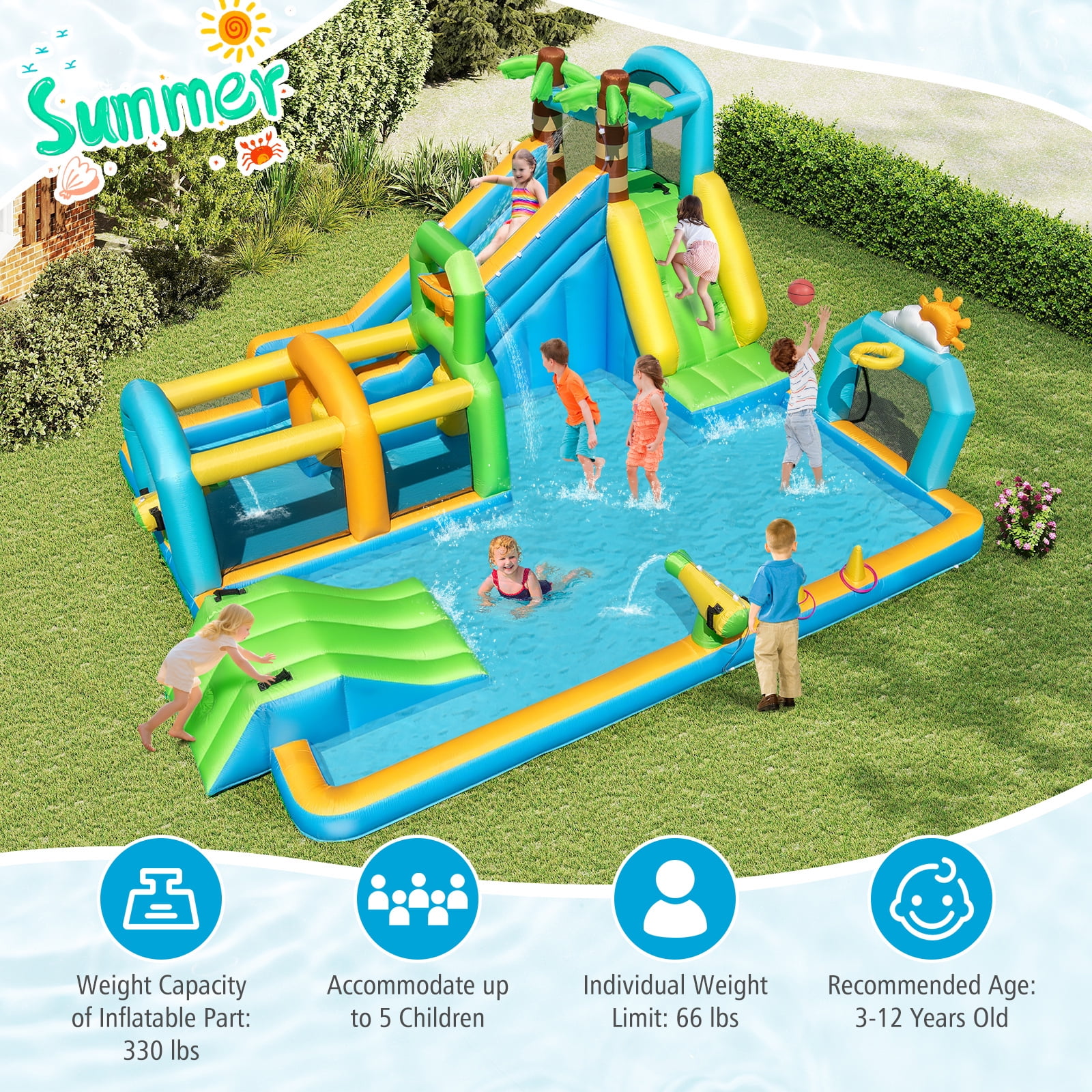 Gymax Inflatable Water Slide w/Splash Pool Climbing Wall Football Goal 750W Blower