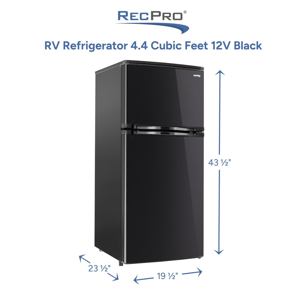 RecPro 4.4 Cu Ft 12V RV Refrigerator with Freezer | Frost-Free, Black Finish | Adjustable Shelves, Reversible Door, Built-In Lock | Off-Grid Camper Fridge | 19.5”W x 23.5”D x 43.5”H
