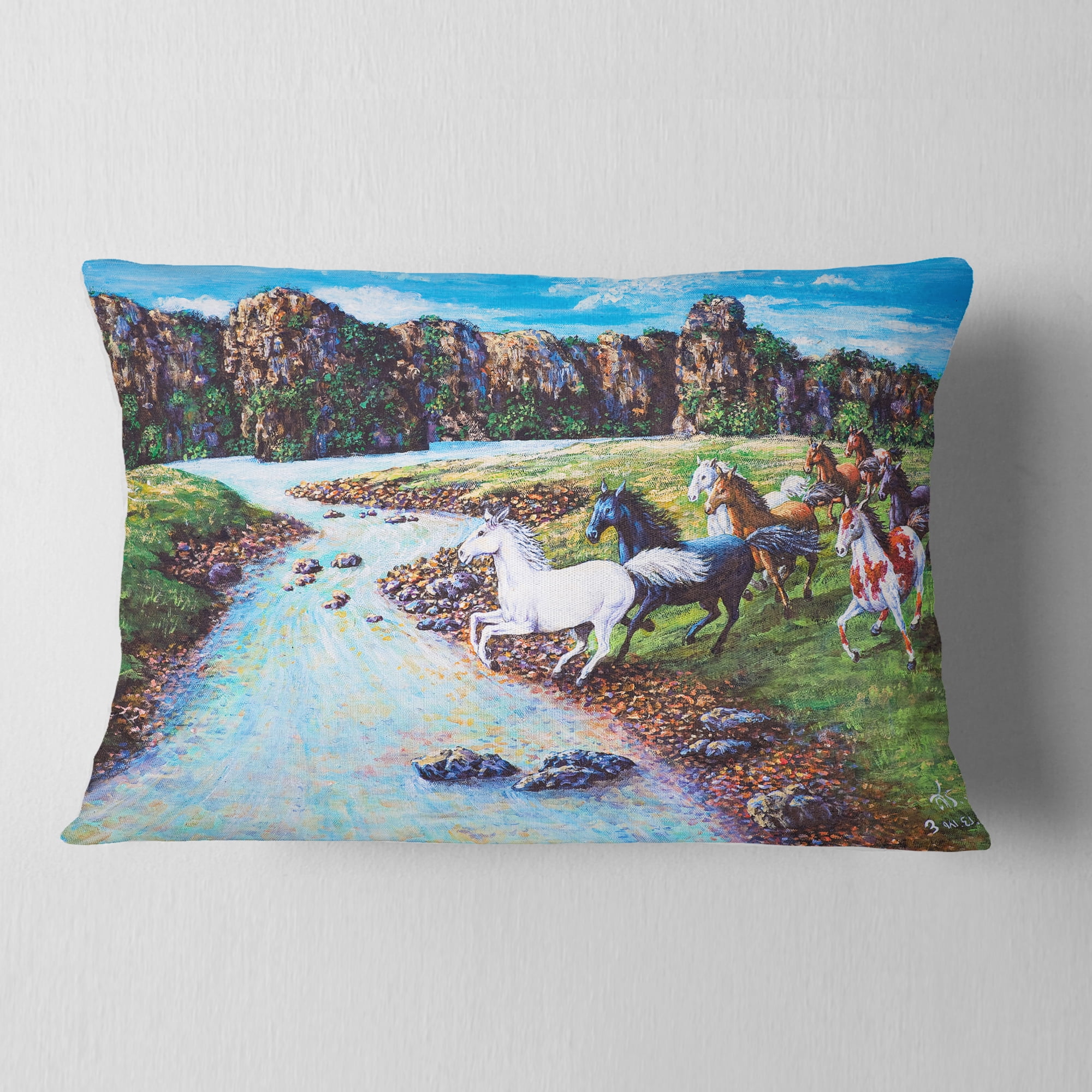 Designart Horses Crossing the Stream - Landscape Painting Throw Pillow - 12x20