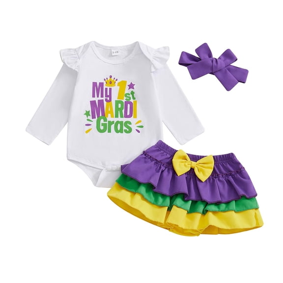 DHFJKG Newborn Baby Girl Clothes Carnival Toddlers Outfits Printed Long Sleeve Romper Tiered Ball Gown Skirts With Headband 3 Piece Comfort Outfit