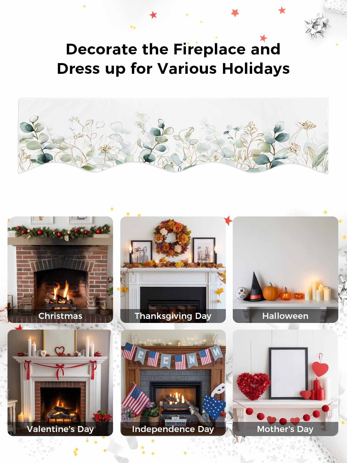 Eucalyptus Leaves Fireplace Mantle Scarf, Watercolor Sage Green Gold Branches Mantel Cover Table Runner for Home Living Room Door Window, Indoor Outdoor Holiday Party Decor 17" x 90"