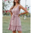 thumbnail image 3 of Vestido sin mangas de mujer con estampado de lunares y cuello en U, vestido de verano con dobladillo con volantes y correa en la cintura con un solo pecho, 3 of 8