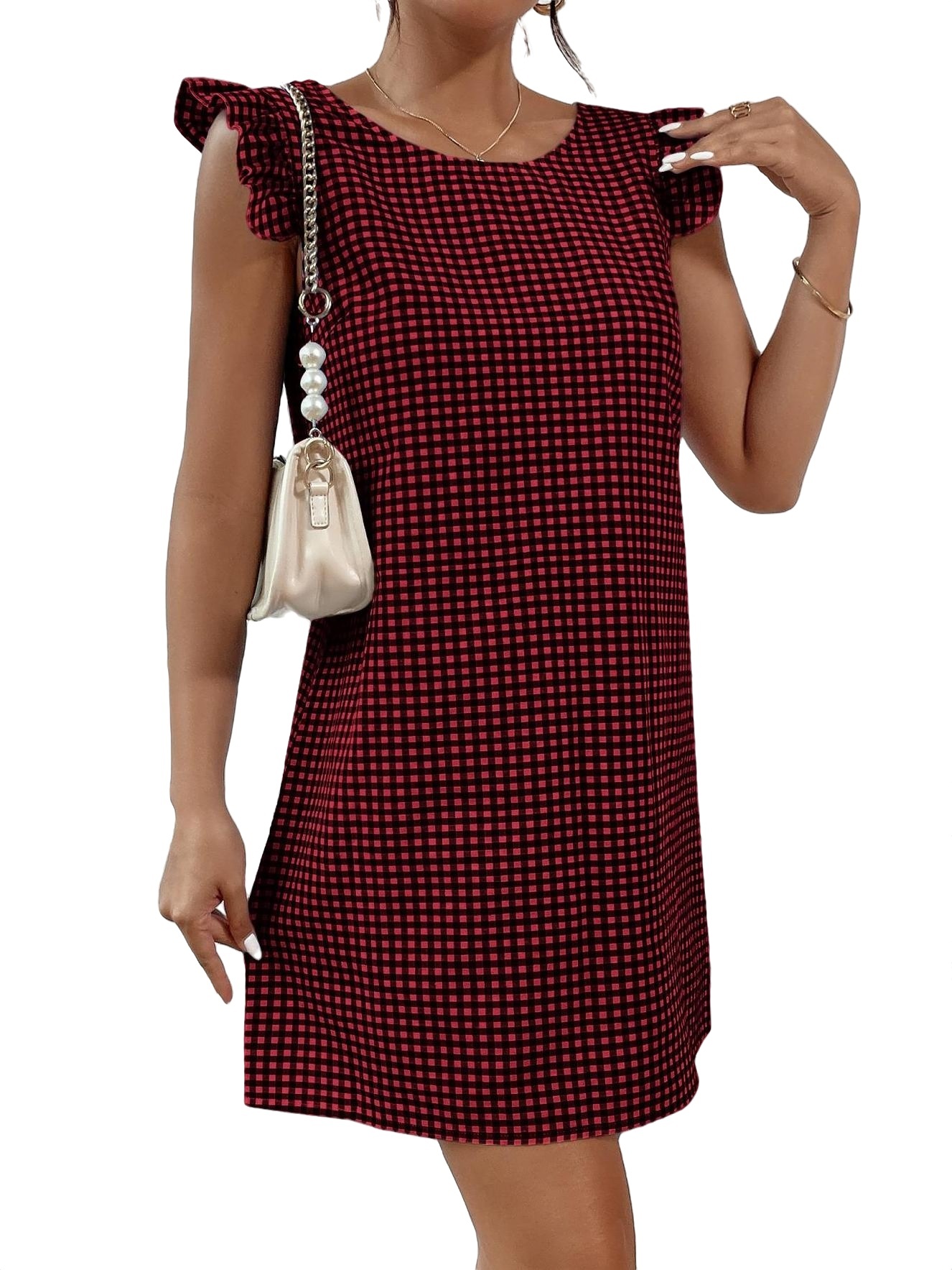 Casual Gingham Round Neck Tunic Dress Sleeveless Red Women's Dresses