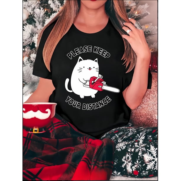 Chic Cat Graphic Tee for Women - Casual Crew Neck Short Sleeve, Stretchy Polyester Blend, Machine Washable - Perfect Summer Top