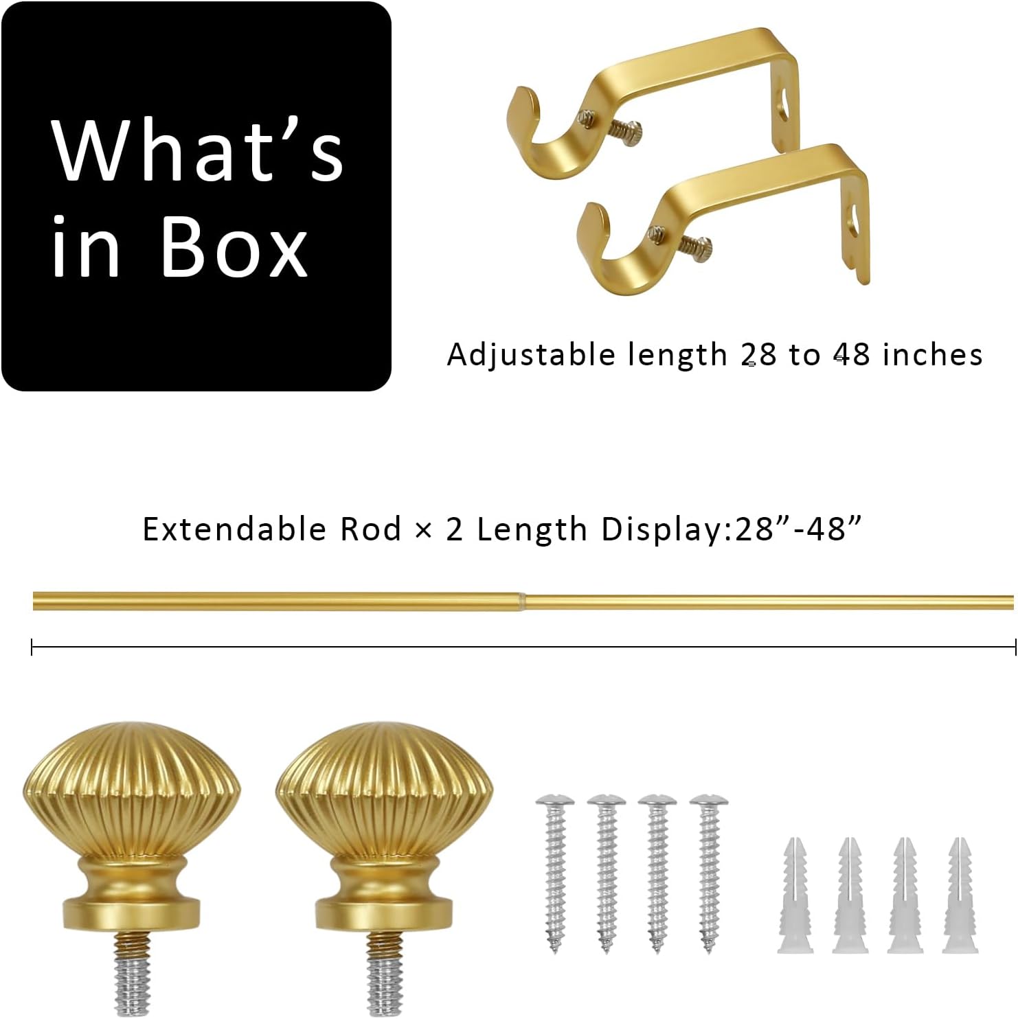 eTeckram 5/8" Single Curtain Rod with Bateau Finials,Gold,28‘’-48‘’