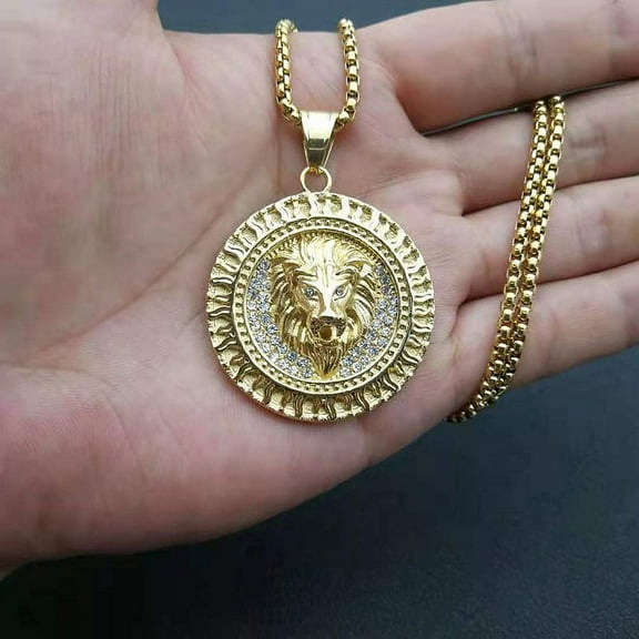 Men's Women Iced Out Cubic Zircon Bling Lion Head Necklace & Pendant 14K Yellow Gold Hip Hop Jewelry