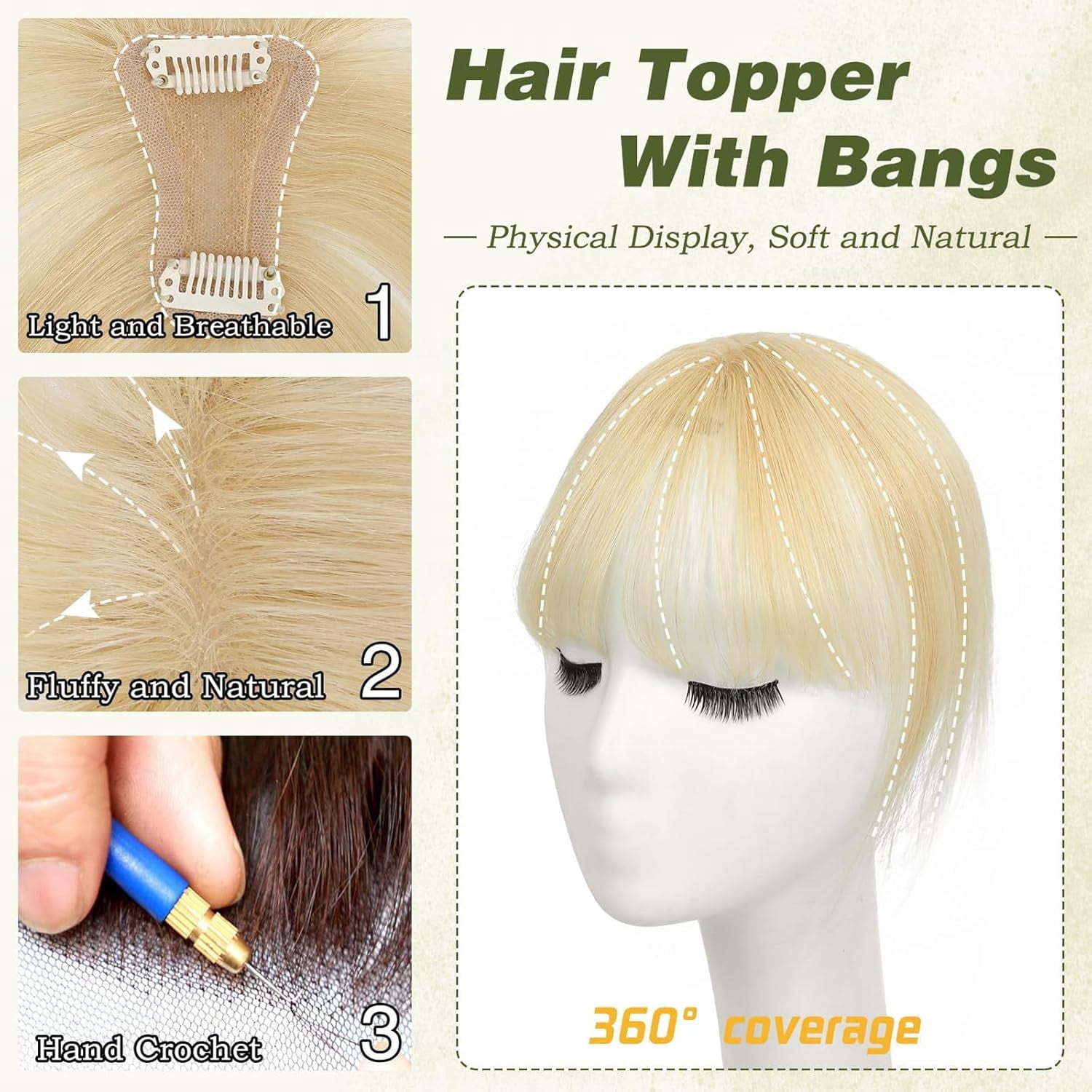Clip On Bangs for Women Human Hair, Natural Clip-on Partial Bangs, Breathable Human Hairs Toppers, Hair Pieces for Women with Thinning Hair (Brown)