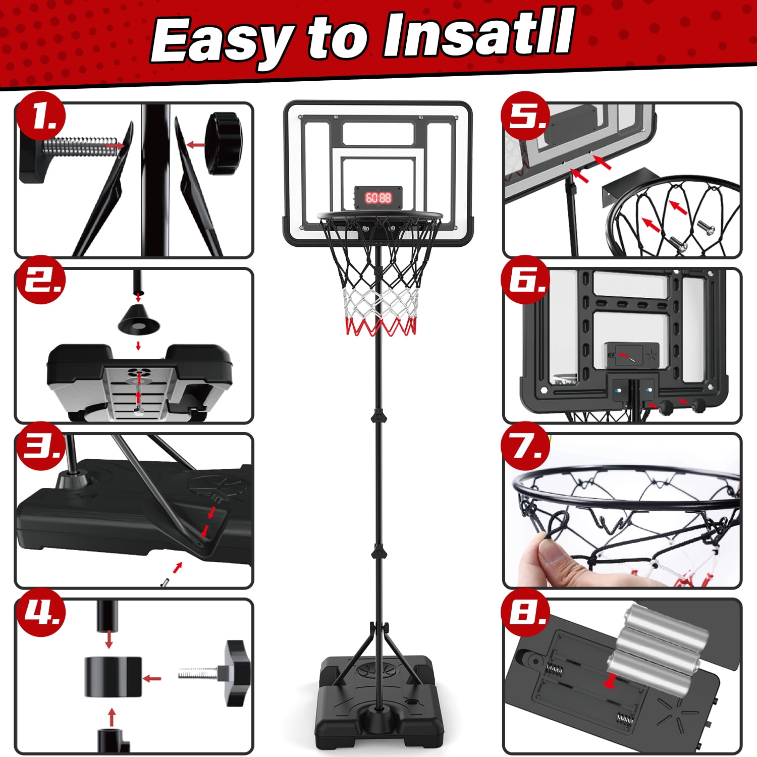 JoyStone Kids Basketball Hoop with Scoreboard & Timer, Adjustable Height 3ft-5.8ft for Young Kids Play Indoor and Outdoor Metal Hoop