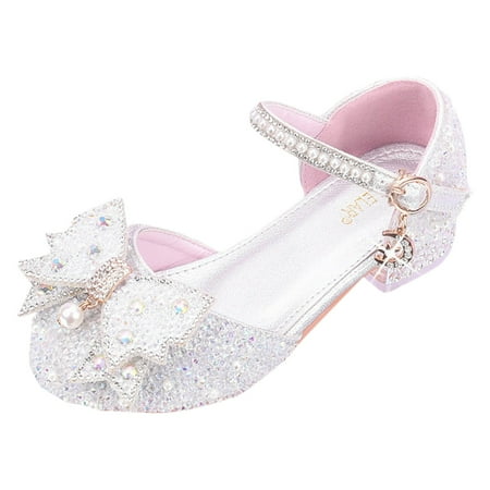 

Huesdet Girl s Dress Shoes Mary Jane Glitter Low Heel Wedding Party Princess Shoes for Toddler/Little/Big Kids(Silver 9-9.5 Years)