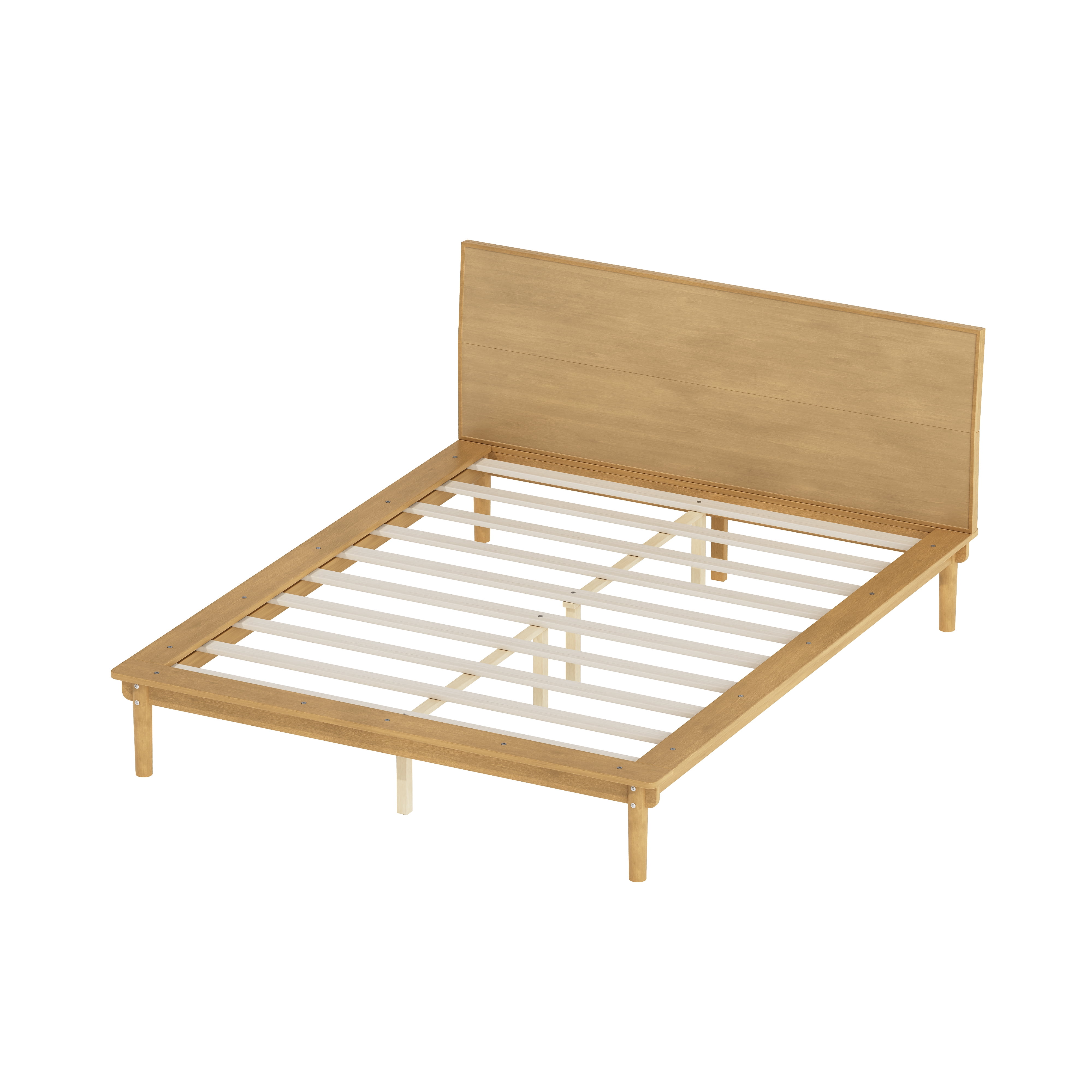Euroco Wood Mid-Century Queen Bed, Low Profile Platform Bed Frame with Subtly Angled Headboard, Widened Side Rails, No Box Spring Needed, Natural