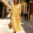 thumbnail image 4 of Ayolanni 3/4 Sleeve Fall Dresses Crew Neck Floral A-Line Maxi Dress Boho Flowy Holiday Pleated Long Dress Yellow L, 4 of 7