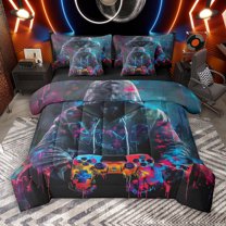 Manfei Splash Gamepad Lover 7 Pieces Bedding Comforter Set, Graffiti Artwork Full Bedding Set, Modern Video Game Player Reversible Fitted Sheet Flat Sheet, Microfiber Bedroom Decor