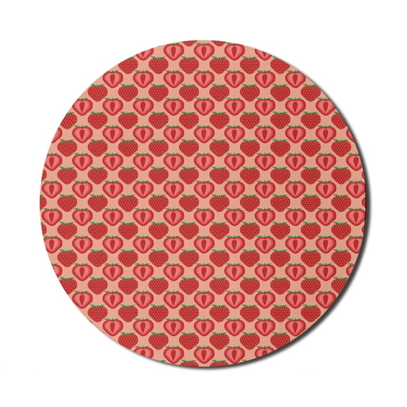Fruit Mouse Pad for Computers, Repetitive Digitally Generated Illustration of Summer Strawberries, Round Non-Slip Thick Rubber Modern Mousepad, 8" Round, Dark Coral and Fern Green, by Ambesonne