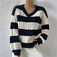 thumbnail image 6 of Women'S Cropped Sweater V-Neck Long Sleeve Fisherman Cable Pullover Knit Top Blue & White S, 6 of 7