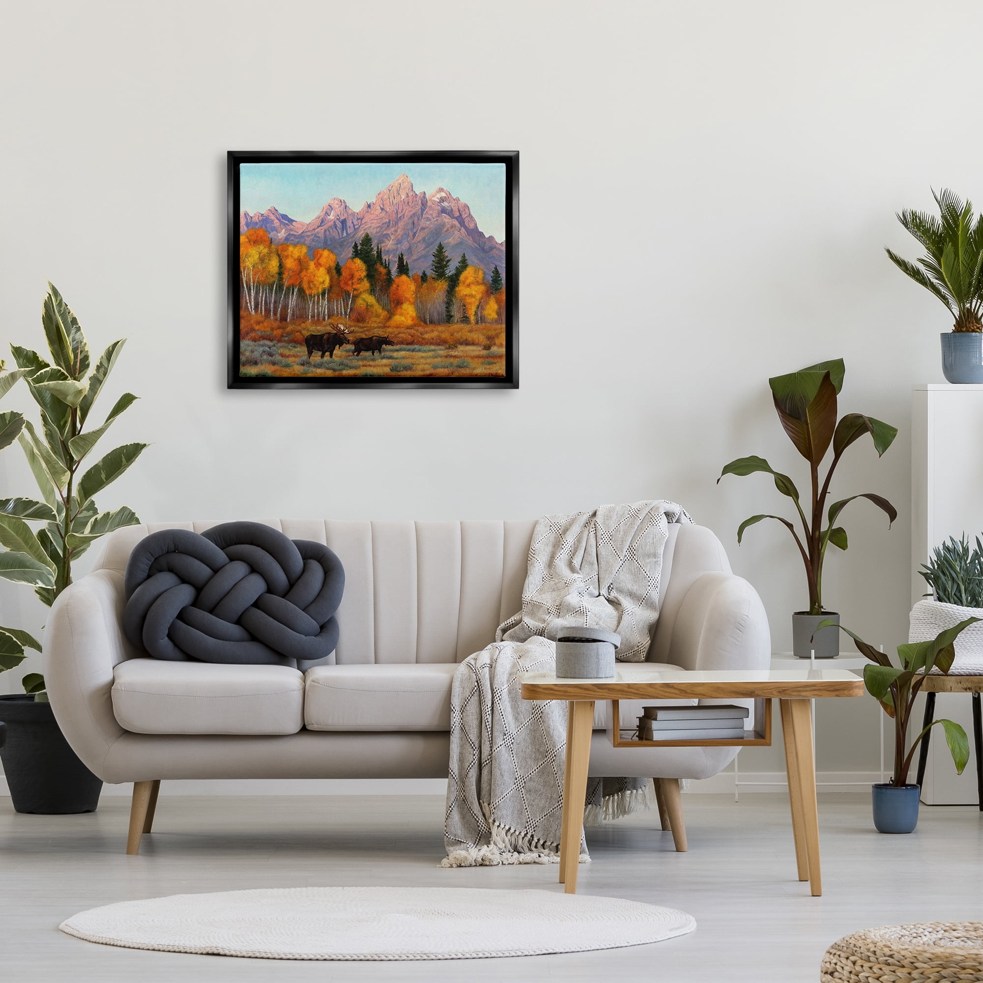 Stupell Industries Wildlife with Autumn Scenery Landscape Painting Black Floater Framed Canvas Art Print Wall Art, 31 x 25