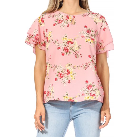 Women's Casual Floral Flowy Short Sleeve Round Neck Key Hole Tee Blouse Top