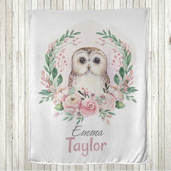 Owl Throw Blanket, Pastel Art Watercolor Portrait of the Bird and Blooming Pink Tone Peonies, Flannel Fleece Accent with Custom Name Photo Backdrop, 60" x 50", Laurel Green Pale Rose, by Ambesonne