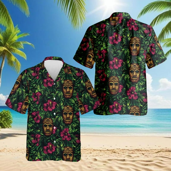 Retro Tiki Mask Hawaiian Shirt for Men, Button Down Summer Beach Short Sleeve, Tropical Style, Sizes S-5XL