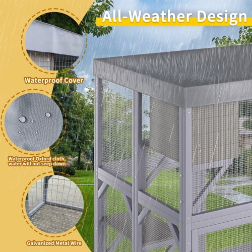 Outdoor Wooden Cat Enclosure with 4 Platforms and 2 Napping Houses, Multi-Level Cat Cage with Stepped Design for Patio Balcony, Gray