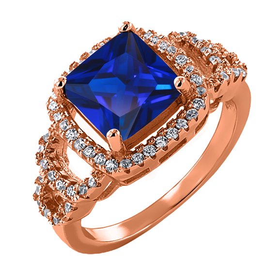 Gem Stone King 3.80 Ct Princess Blue Created Sapphire 18K Rose Gold Plated Silver Ring (Size 6)