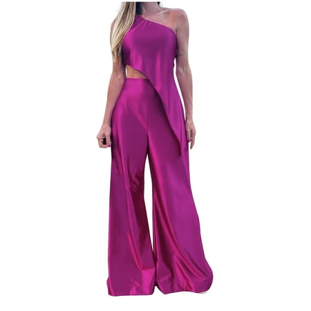 Virmaxy Womens Stylish Outfit 2 Piece Set Solid Color Sleeveless Raglan Top Plus Long Pants Two Piece Set Summer Solid Elegant Sleeveless Casual Top Plus Pants 2pc Set Hot Pink L