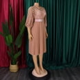 thumbnail image 3 of AURA Womens Elegant Lace Hollow Out Pleated Midi Dress High Waist Belted 3 4 Lantern Sleeve, 3 of 9