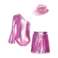thumbnail image 6 of iixpin Girls Disco Bodysuit Set, 3-Piece Dance Outfit with Fringed Skirt & Sequined Hat Pink 16, 6 of 7