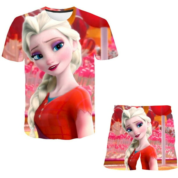 Ropa de bebé Frozen, conjuntos de ropa de verano para niños, camisetas de Elsa Anna a la moda + traje corto de Frozen de dibujos animados, traje de 2 uds, ropa para niños 8T Gao Jinjia LED