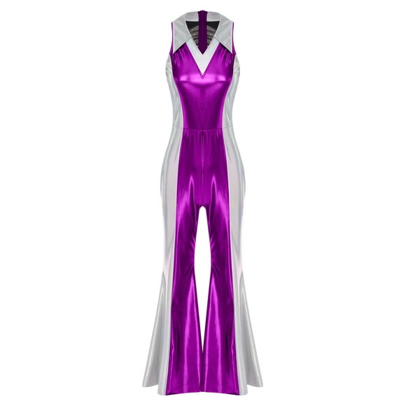 CHICTRY 70s Outfits for Womens Sleeveless Disco 80s Jumpsuit Outfits Costumes V Neck Bell Bottoms Purple XL