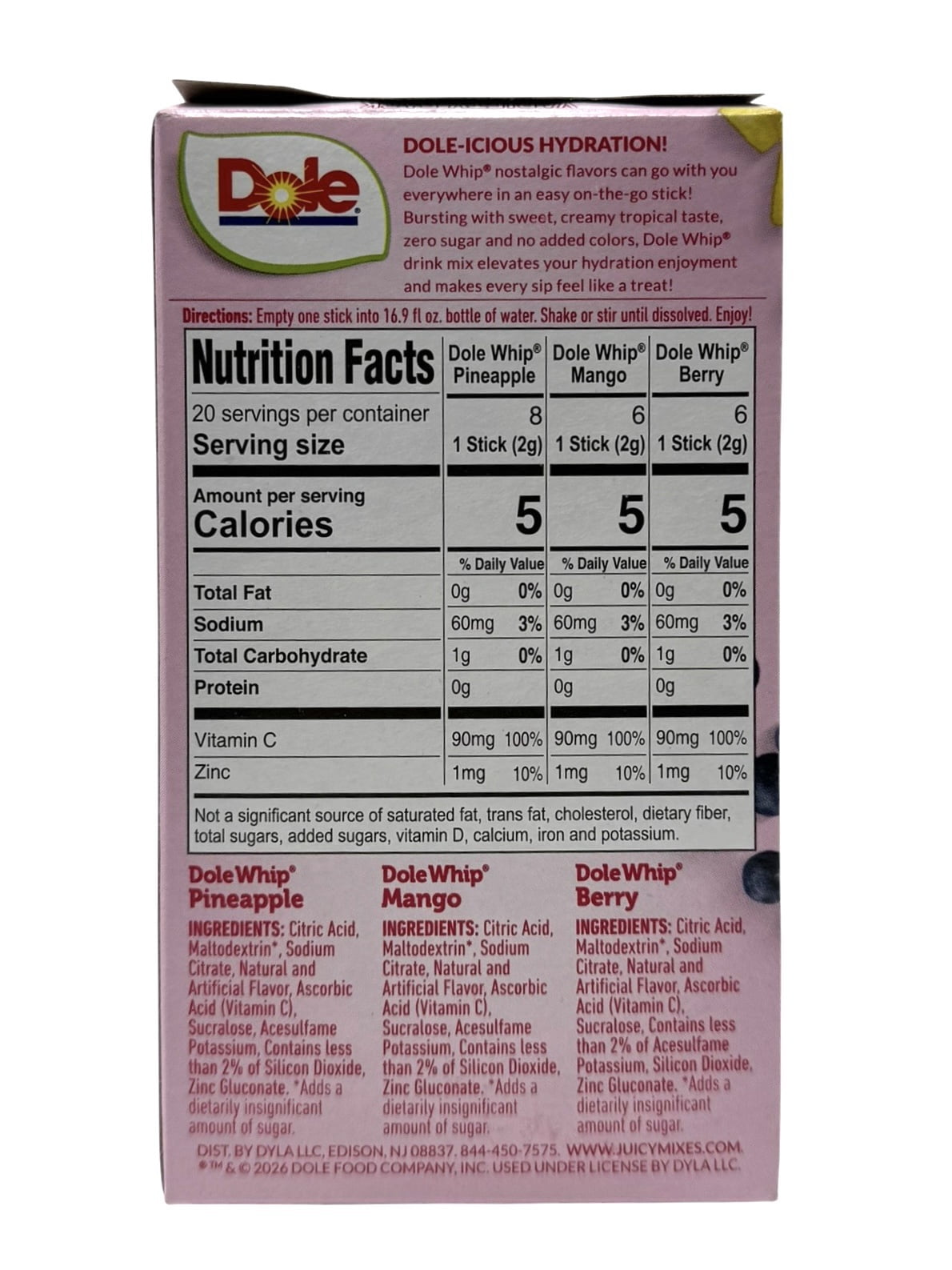 Dole Whip Powder Drink Mix Variety Pack, Pineapple, Mango, & Berry Zero Sugar, 20 Sticks (Pack of 2)
