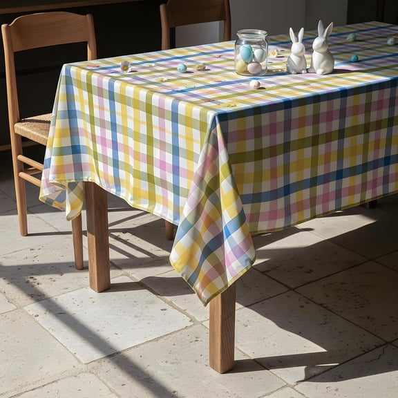 Odenmar Easter Tablecloth 60 x 120 Inch Rectangular, Pastel Plaid Waterproof Table Cover for Dining Table, Spring Party, Indoor Outdoor Use