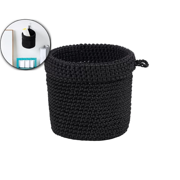 Handmade Cotton Rope Hanging Storage Basket for Bedside or Wall – Black Organizer Bin (5.5x5.1")