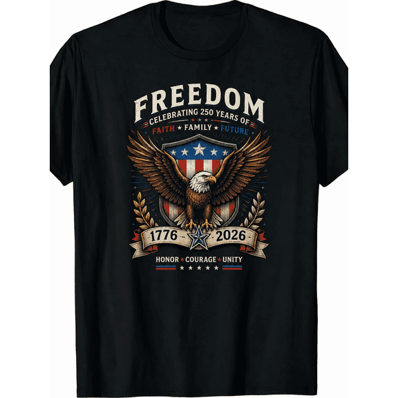 Celebrating 250 Years of Freedom 1776-2026 Bald Eagle American Flag Patriotic T Shirt, Faith Family Future Honor Courage Unity USA Vintage Tee for Men Women