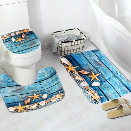 Cover Door Lid - 3pcs Bathroom Sets Anti-skid Blue Starfish Pattern Pedestal Rug + Lid Toilet Cover + Floor Carpet Bath Mat Doormat Home Decor