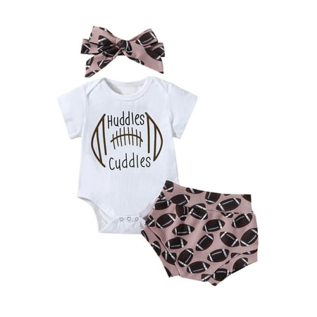 

Infant Baby Girls Summer Casual Clothes Suits Letter Print Short Sleeve Romper Rugby Print Shorts Headband 3Pcs Set