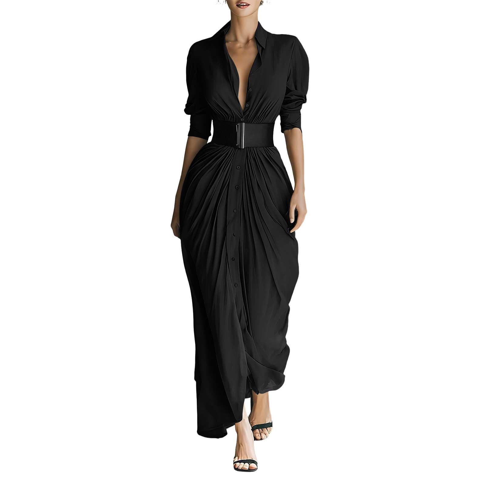 YueHuiYing Women's Single Breasted Shirt Lapel Elegant Belt Slim Fit Pleated Long Sleeves Solid Color Slit Party Dress
