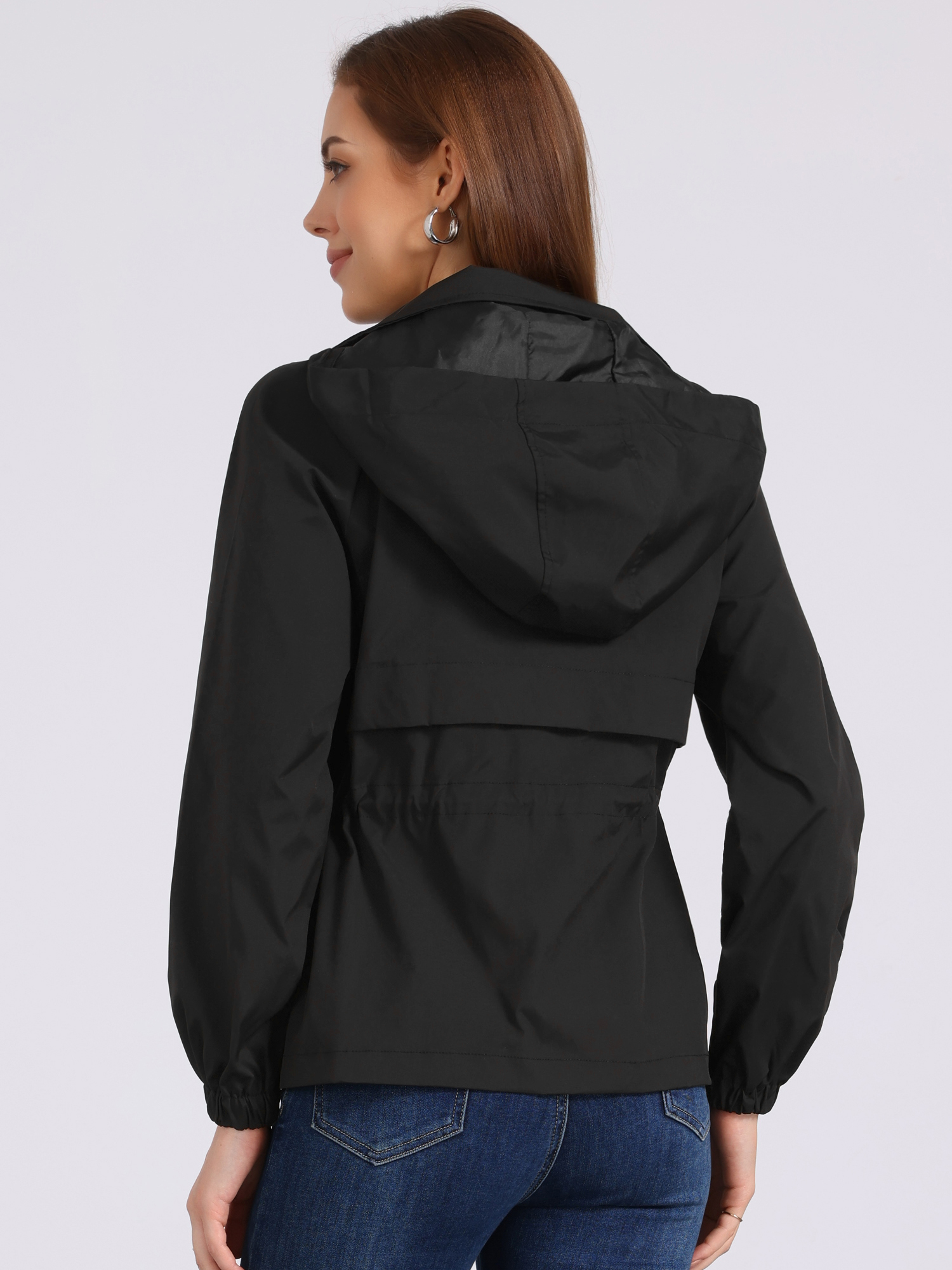 DARING DIVA Zipper Lightweight Hiking Hooded Windbreaker Raincoat L Black