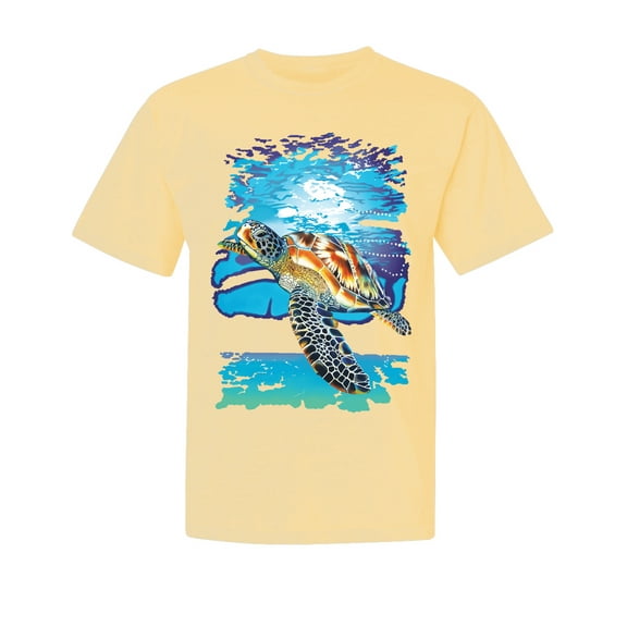 Wild Bobby, Swimming Sea Turtle, Garment-Dyed Washed Look Short Sleeve Tees, Banana, Small
