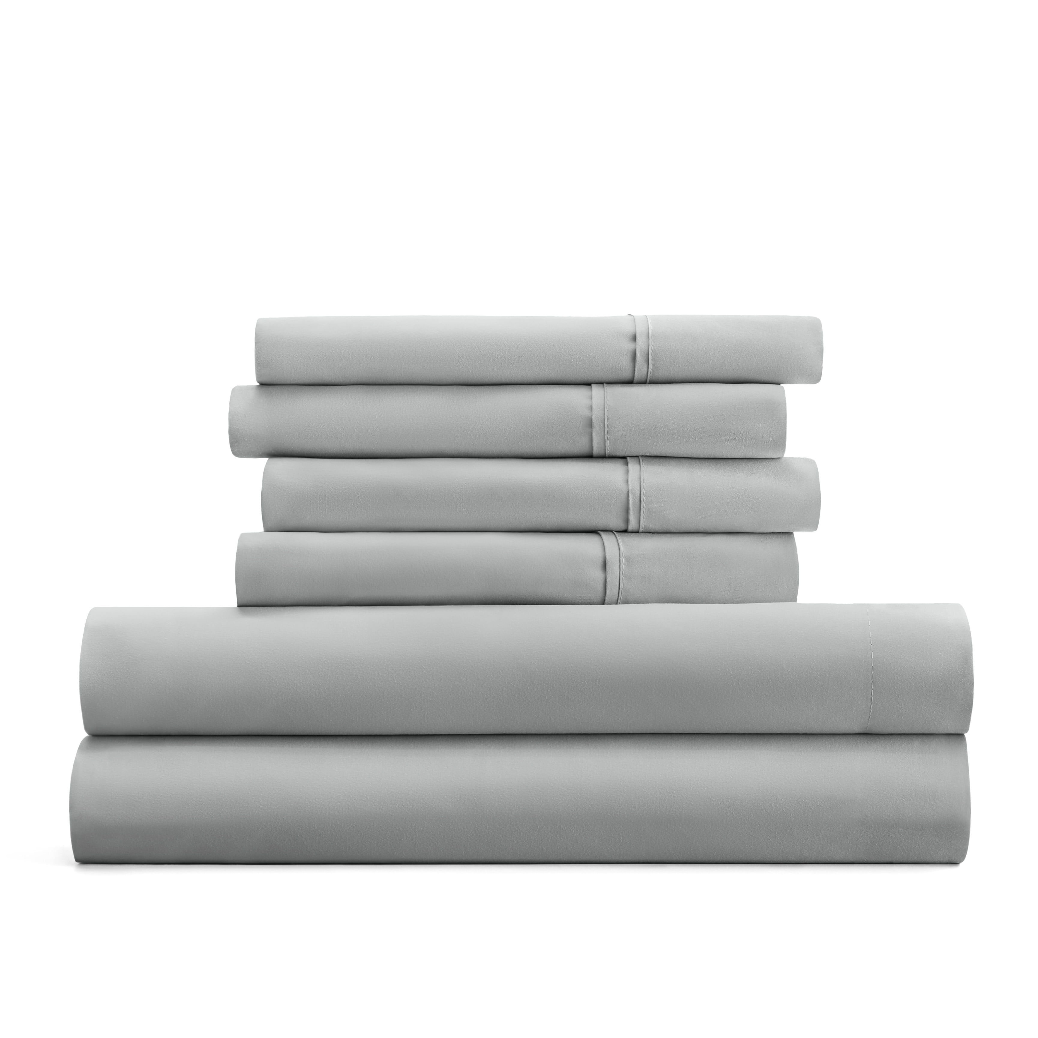 King, Light Gray Solid Microfiber 6 Piece Bed Sheet Set, by Noble Linens