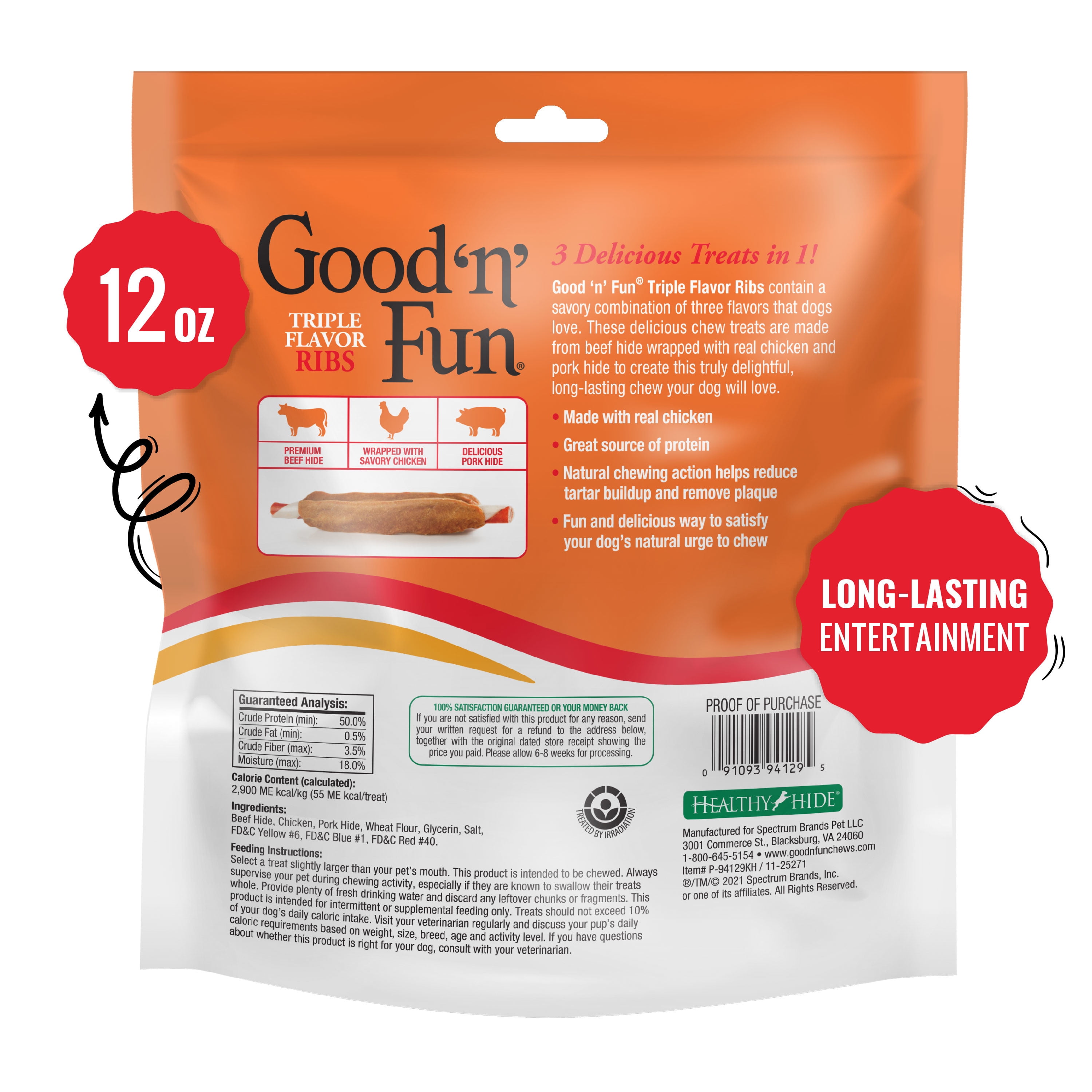 (6 pack) Good ’n’ Fun Triple Flavor Ribs, Rawhide Snack for All Dogs, 12 oz.