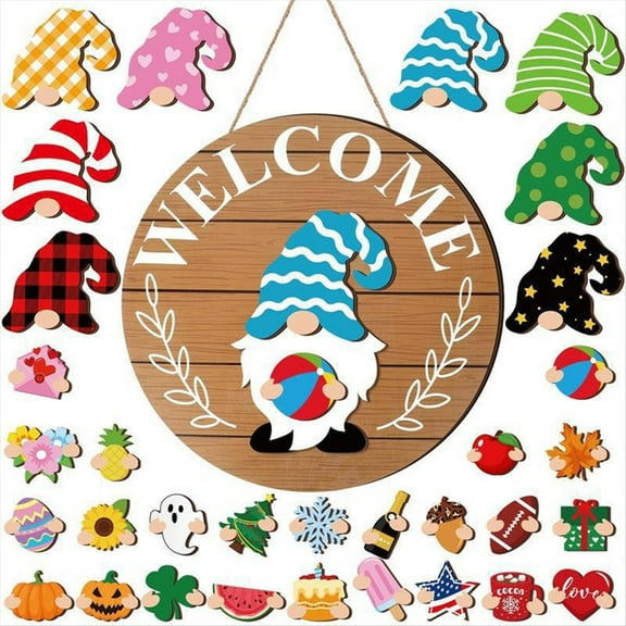 Interchangeable Wooden Gnome Welcome Sign Interchangeable Wooden Seasonal Sign Holiday Decor with Magnet Pieces B,1 * Gnome Welcome Sign 32 * Accessories