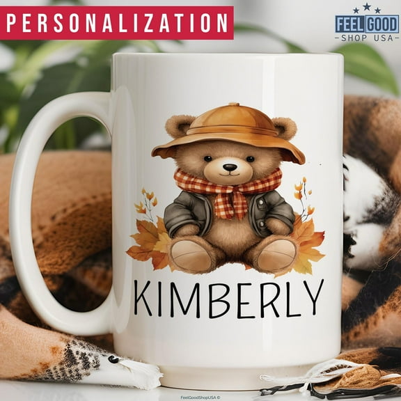 Autumn Teddy Bear Mug, Personalized Fall Teddy Bear Gift, Custom Teddy Bear Name Mug, Teddy Bear Coffee Mug Cup, Gift For Teddy Bear Lovers, Ceramic Mug 11Oz