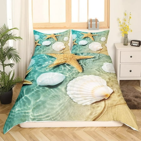 Weis Beach Starfish Bedding Full Blue, Beach Themed Duvet Cover Queen Size