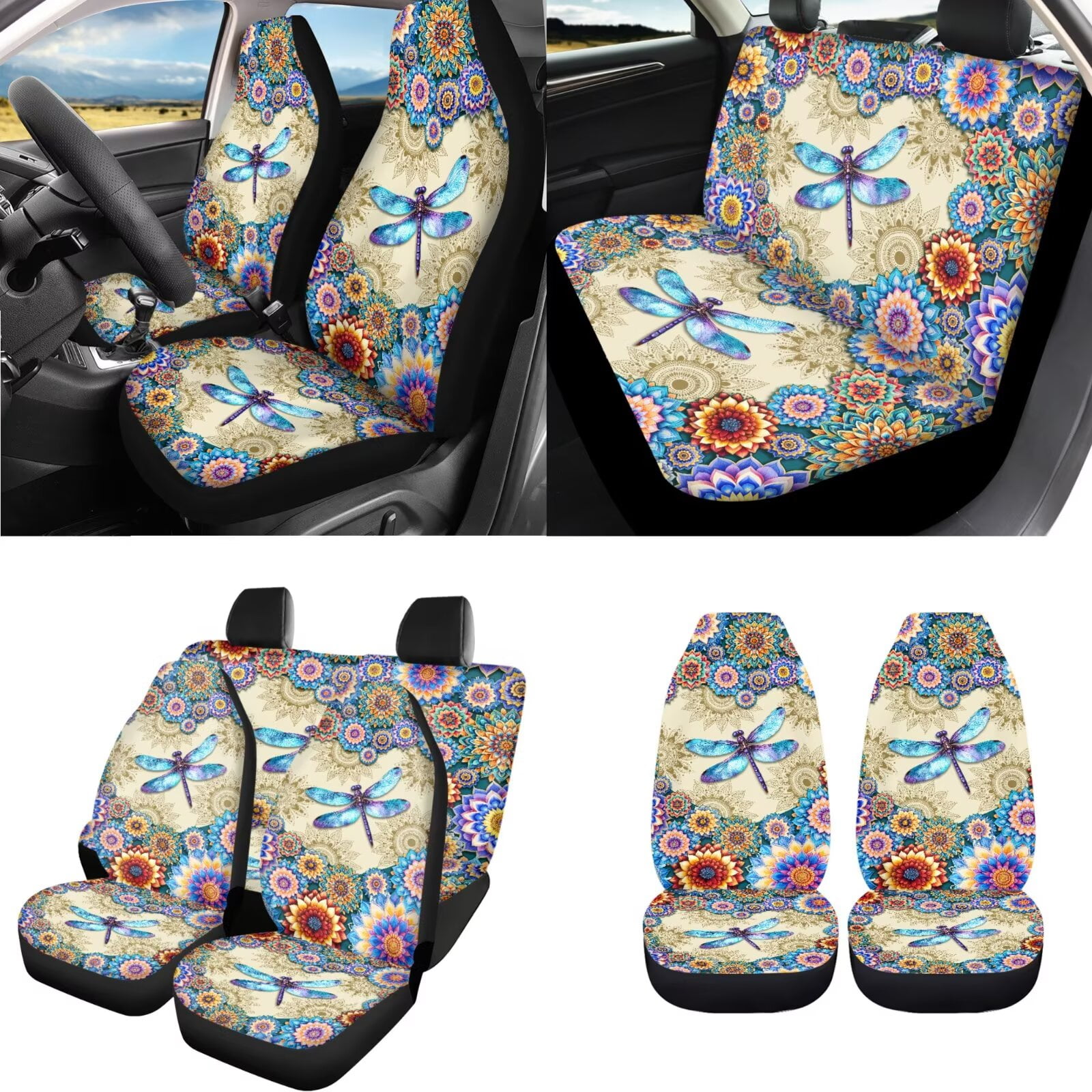 Uorisanigo 18 Pcs Car Seat Cover Dragonfly Mandala with Seat Belt Shoulder Pad Full Set Universal Steering Cover Armrest Covers Headrest Cushion Handbrake Grip Protector Coasters Keychains