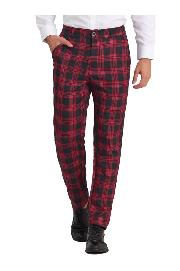 Men's Business Plaid Lightweight Regular Fit Flat Front Checked Pants 34 Black Red