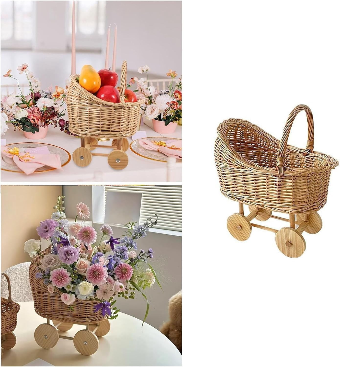 Handmade Wicker Flower Basket Woven Rattan Pushcart Planter Small Stroller Design Fruit Gift Box with Handle for Floral Arrangements Decor Wedding Baby Shower Centerpiece Candy Storage